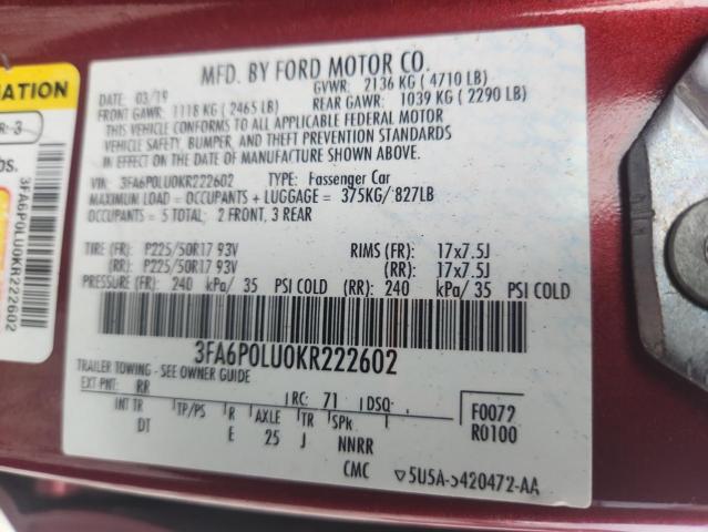 3FA6P0LU0KR222602 - 2019 FORD FUSION SE Червоний фото 12