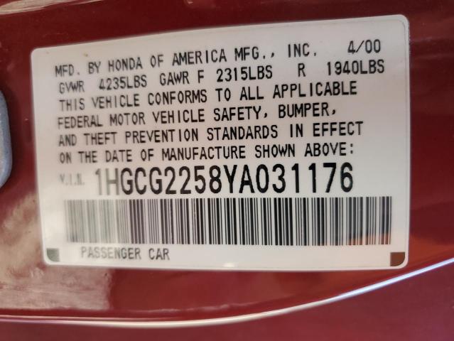 1HGCG2258YA031176 - 2000 HONDA ACCORD EX Kırmızı fotoğraf 12