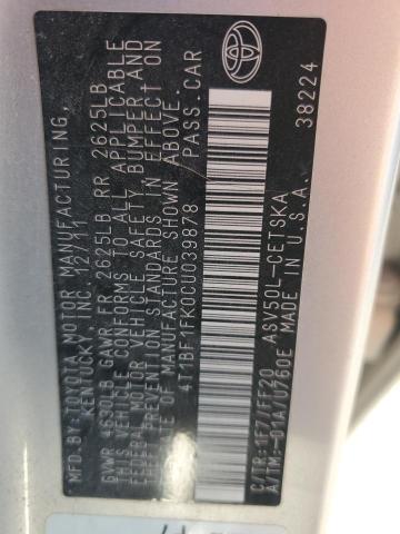 4T1BF1FK0CU039878 - 2012 TOYOTA CAMRY BASE SILVER photo 13