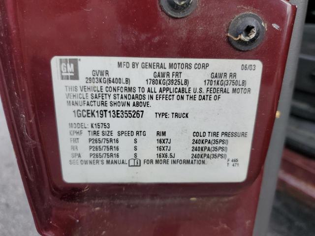 1GCEK19T13E355267 - 2003 CHEVROLET silverado K1500 BURGUNDY photo 12