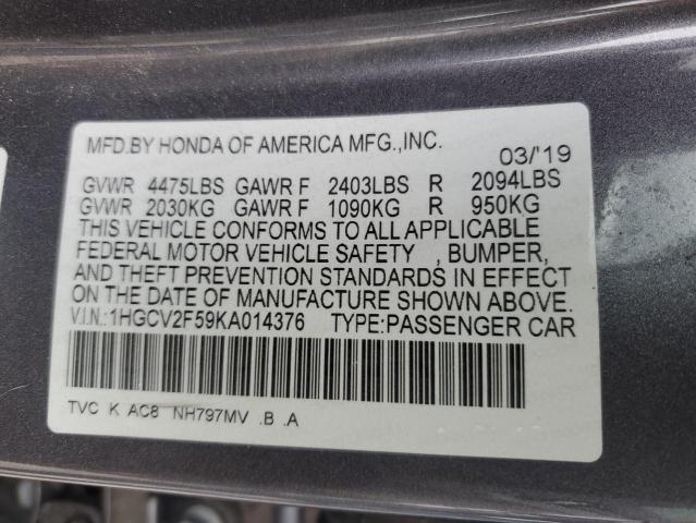 1HGCV2F59KA014376 - 2019 HONDA ACCORD EXL Boz foto 12