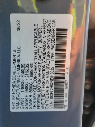 19XFL2H82NE018635 - 2022 HONDA CIVIC SPORT GRAY photo 12