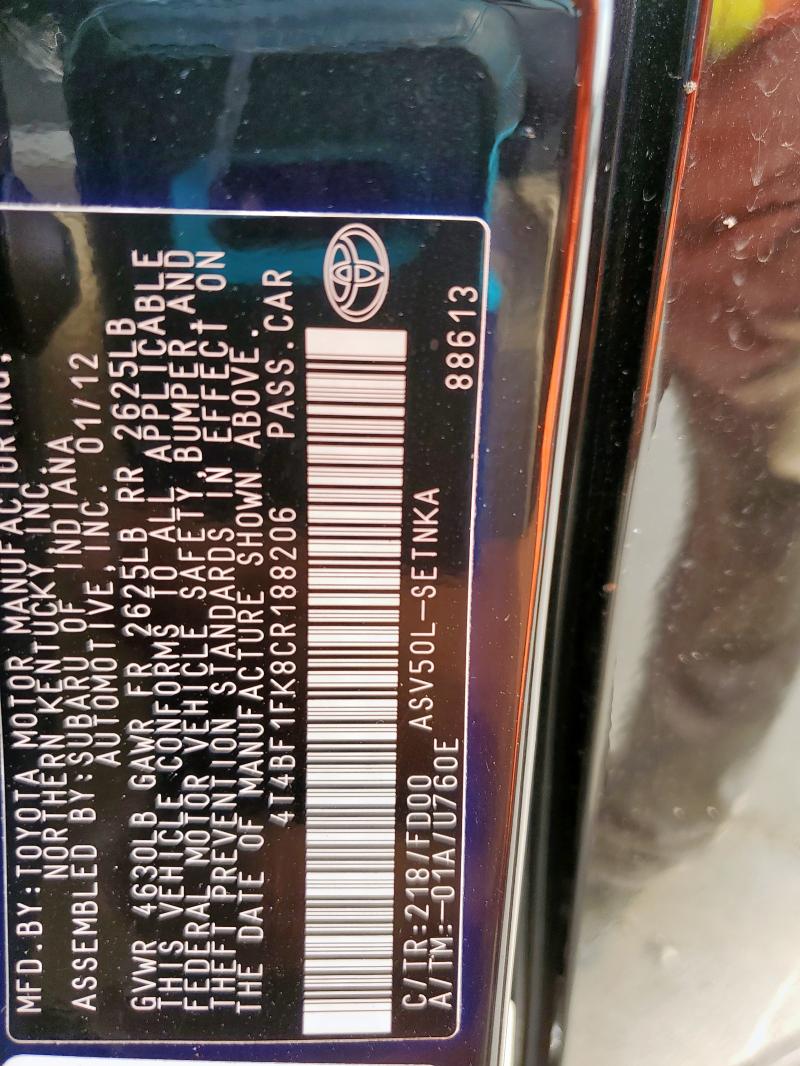 4T4BF1FK8CR188206 - 2012 TOYOTA CAMRY BASE BLACK photo 13