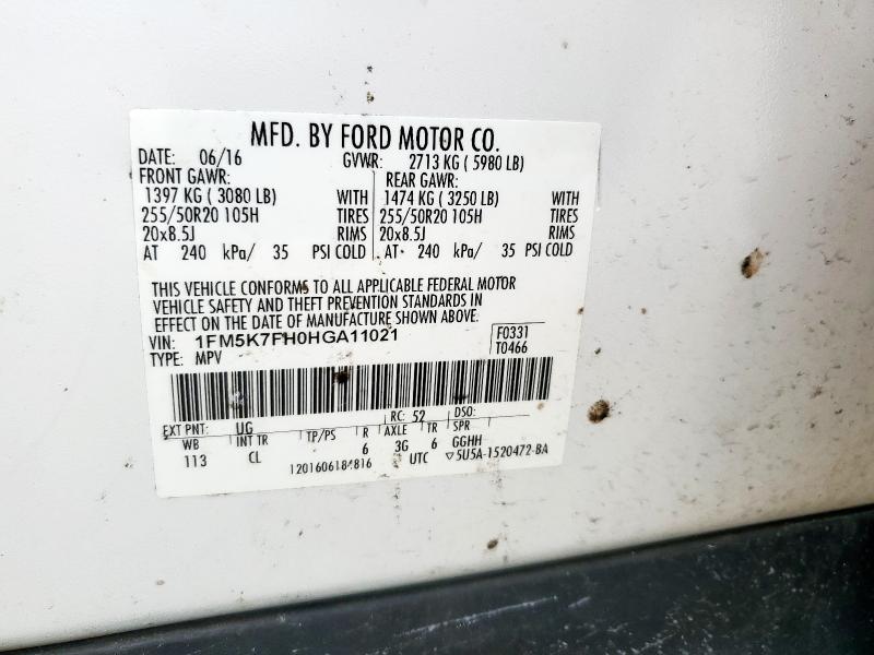 1FM5K7FH0HGA11021 - 2017 FORD EXPLORER LIMITED WHITE photo 13