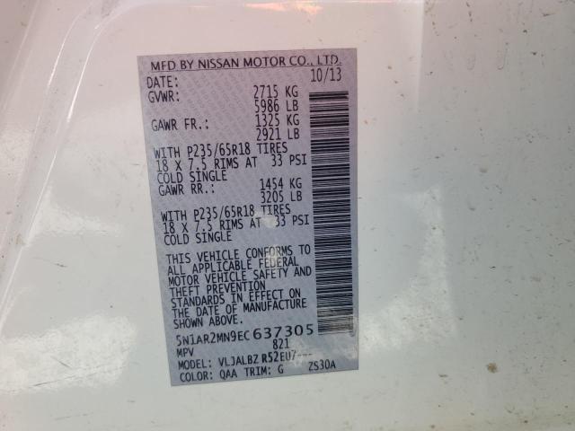 5N1AR2MN9EC637305 - 2014 NISSAN PATHFINDER S 白色 照片 13