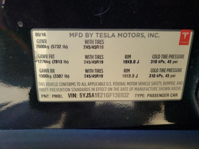 5YJSA1E21GF136932 - 2016 TESLA MODEL S 黑色 照片 12