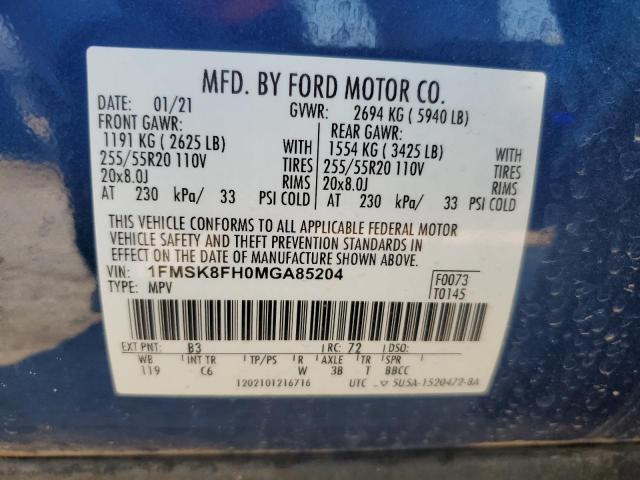 1FMSK8FH0MGA85204 - 2021 FORD EXPLORER LIMITED 蓝色 照片 14