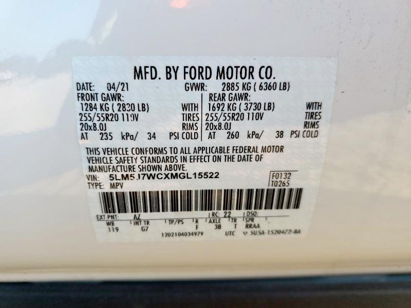 5LM5J7WCXMGL15522 - 2021 LINCOLN AVIATOR RESERVE 白色 照片 14