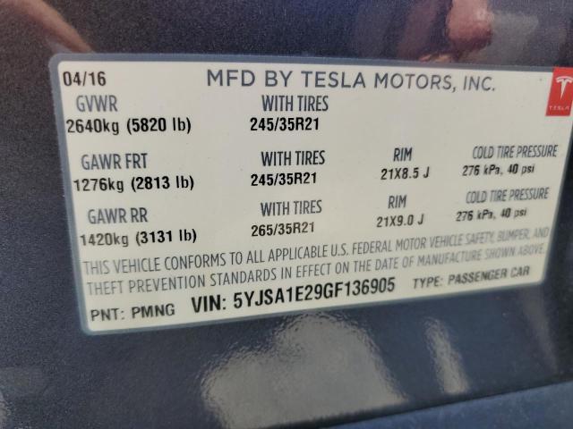 5YJSA1E29GF136905 - 2016 TESLA MODEL S GRAY photo 13