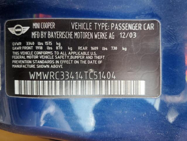WMWRC33414TC51404 - 2004 MINI COOPER BLUE photo 13