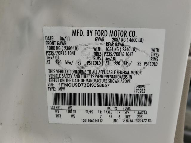 1FMCU9D73BKC58657 - 2011 FORD ESCAPE XLT 白色 照片 14