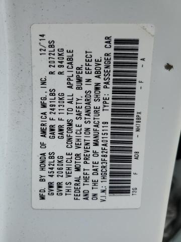 1HGCR3F82FA015119 - 2015 HONDA ACCORD EXL WHITE photo 12