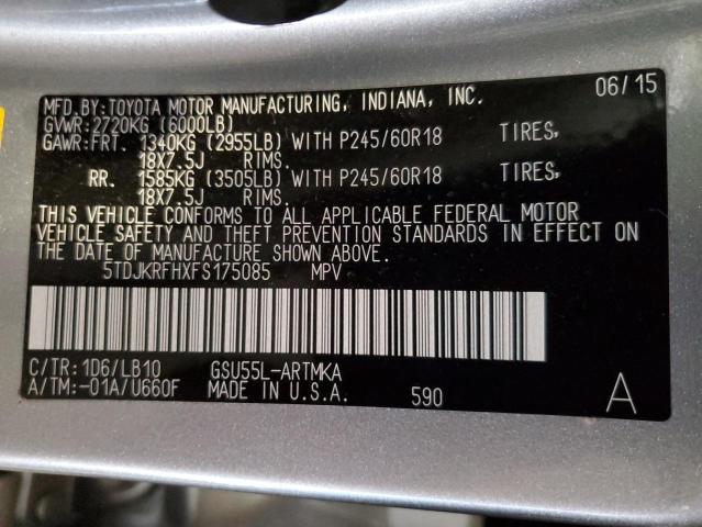 5TDJKRFHXFS175085 - 2015 TOYOTA HIGHLANDER XLE Silber Foto 13