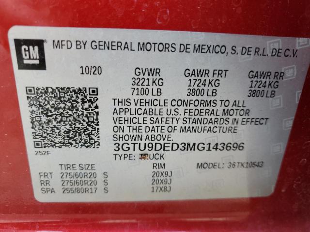 3GTU9DED3MG143696 - 2021 GMC SIERRA K1500 SLT BURGUNDY photo 12