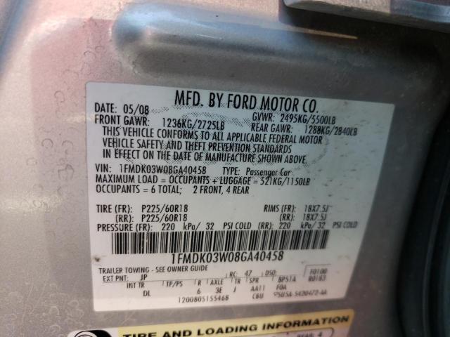 1FMDK03W08GA40458 - 2008 FORD TAURUS X L SILVER photo 10