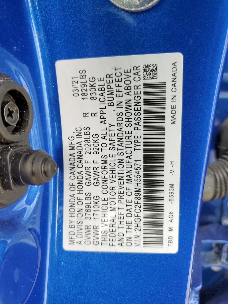 2HGFC2F89MH554571 - 2021 HONDA CIVIC SPORT Blau Foto 12