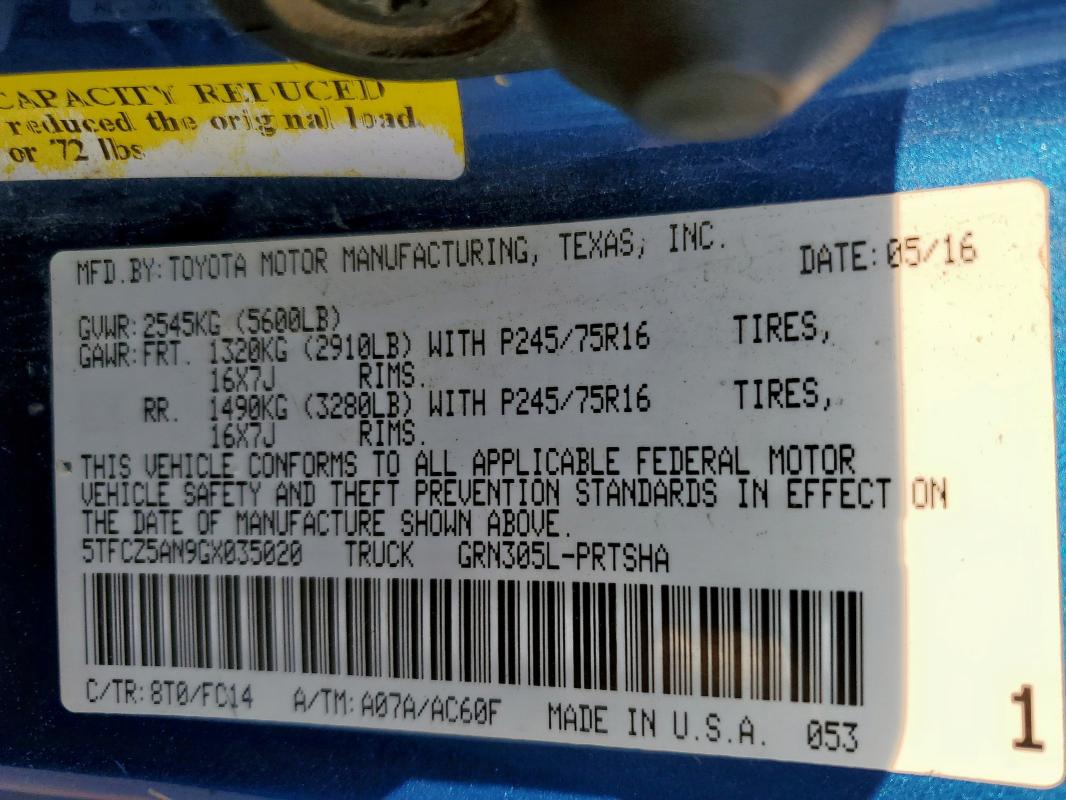 5TFCZ5AN9GX035020 - 2016 TOYOTA TACOMA DOUBLE CAB BLUE photo 13