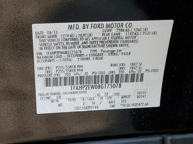 1FAHP2EW0BG175078 - 2011 FORD TAURUS SEL BLACK photo 12