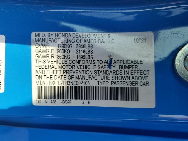19XFL2H83NE002105 - 2022 HONDA CIVIC SPORT BLUE photo 12