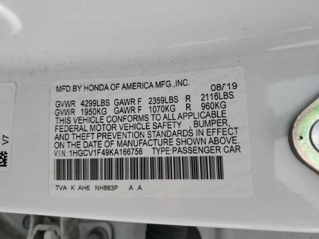 1HGCV1F49KA166756 - 2019 HONDA ACCORD EX თეთრი ფოტო 13