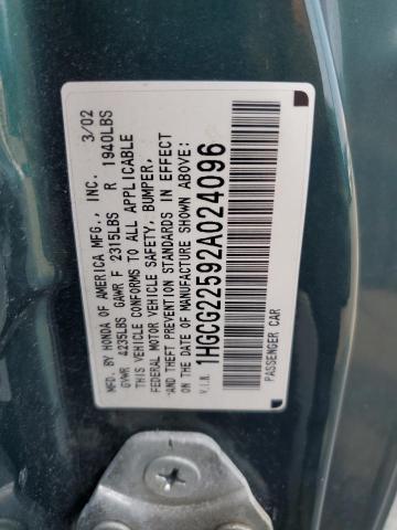 1HGCG22592A024096 - 2002 HONDA ACCORD EX Vert photo 12