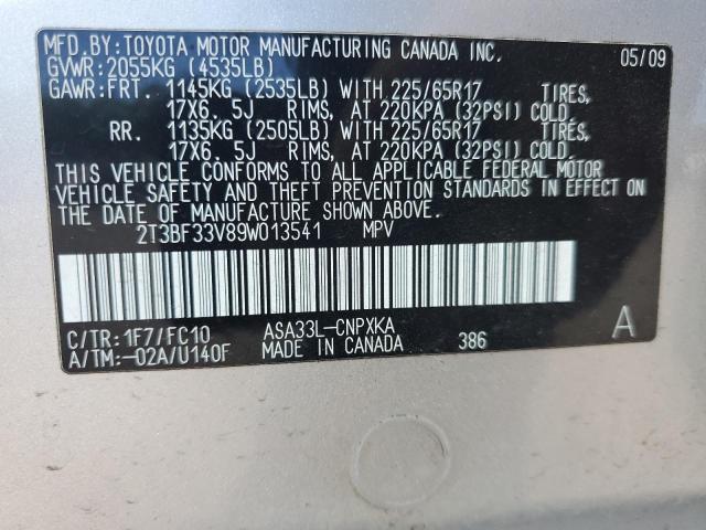 2T3BF33V89W013541 - 2009 TOYOTA RAV4 Gümüş foto 12