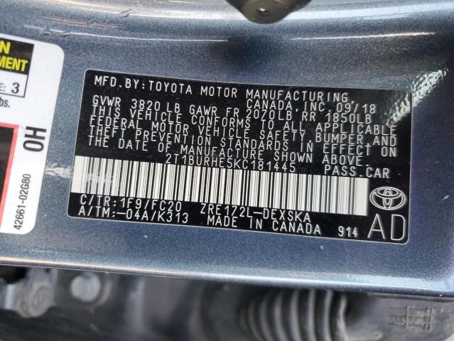 2T1BURHE5KC181445 - 2019 TOYOTA COROLLA L 灰色 照片 12