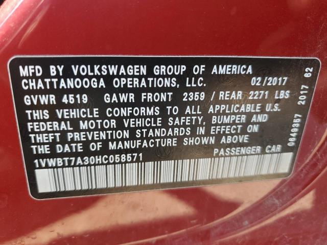 1VWBT7A30HC058571 - 2017 VOLKSWAGEN PASSAT SE 红色 照片 12