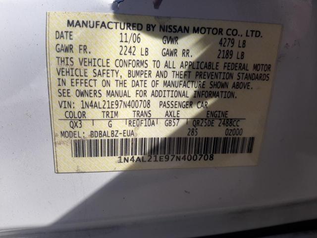 1N4AL21E97N400708 - 2007 NISSAN ALTIMA 2.5 WHITE photo 10