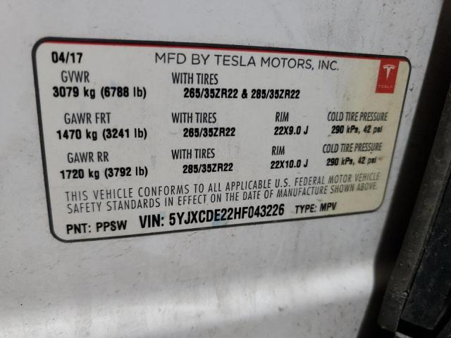 5YJXCDE22HF043226 - 2017 TESLA MODEL X WHITE photo 13