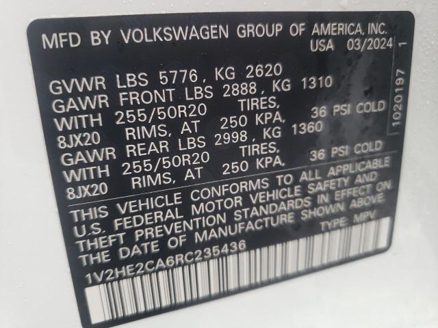 1V2HE2CA6RC235436 - 2024 VOLKSWAGEN ATLAS CROS SE Белый фото 12