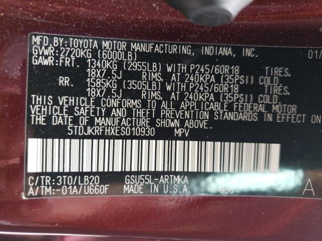 5TDJKRFHXES010930 - 2014 TOYOTA HIGHLANDER XLE MAROON photo 13