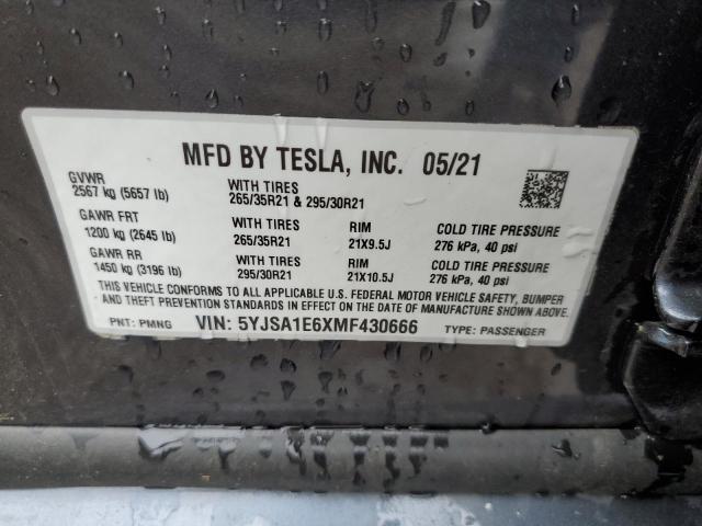 5YJSA1E6XMF430666 - 2021 TESLA MODEL S Մոխրագույն լուսանկար 13