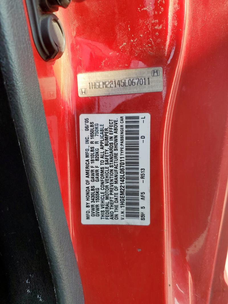 1HGEM22145L067011 - 2005 HONDA CIVIC DX VP წითელი ფოტო 12