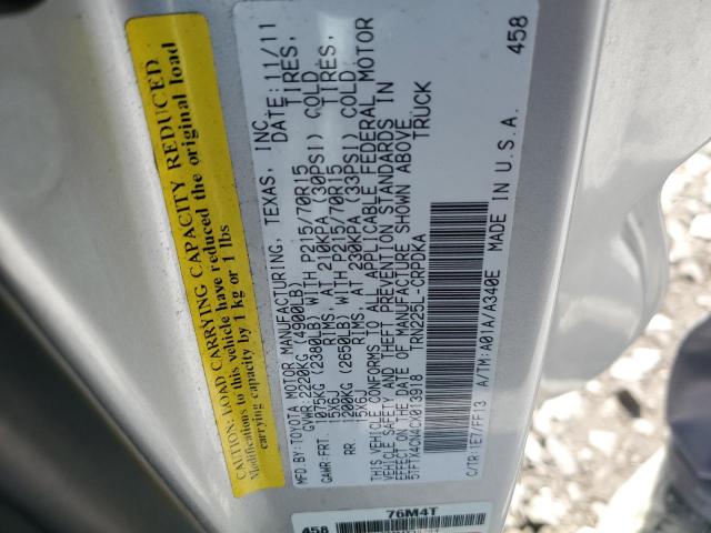 5TFTX4CN4CX013918 - 2012 TOYOTA TACOMA ACCESS CAB ვერცხლისფერი ფოტო 12