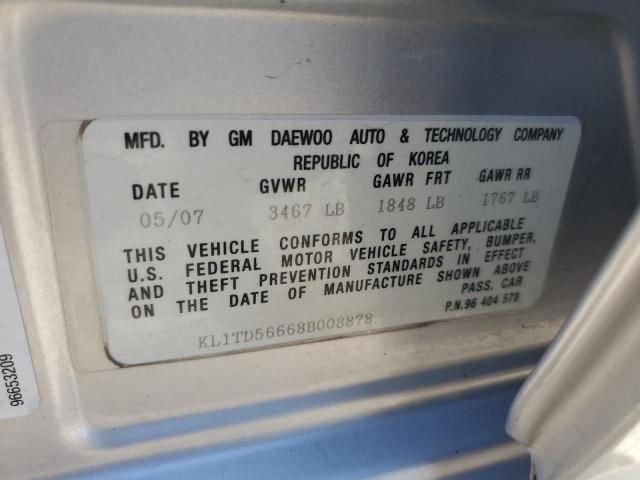 KL1TD56668B008878 - 2008 CHEVROLET AVEO BASE SILVER photo 12