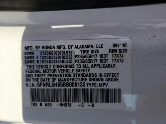 5FNRL5H65BB008135 - 2011 HONDA ODYSSEY EXL WHITE photo 13