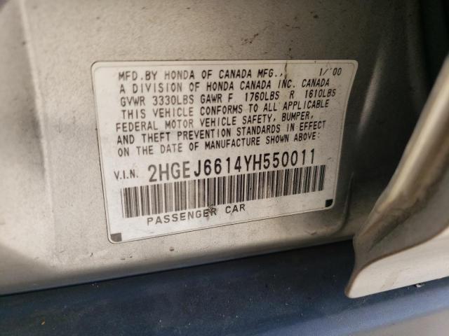 2HGEJ6614YH550011 - 2000 HONDA CIVIC BASE ვერცხლისფერი ფოტო 12