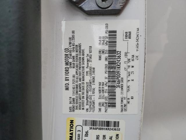 3FA6P0D91KR243632 - 2019 FORD FUSION TITANIUM WHITE photo 13