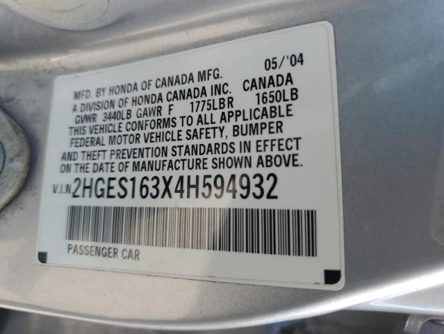 2HGES163X4H594932 - 2004 HONDA CIVIC DX VP SILVER photo 12