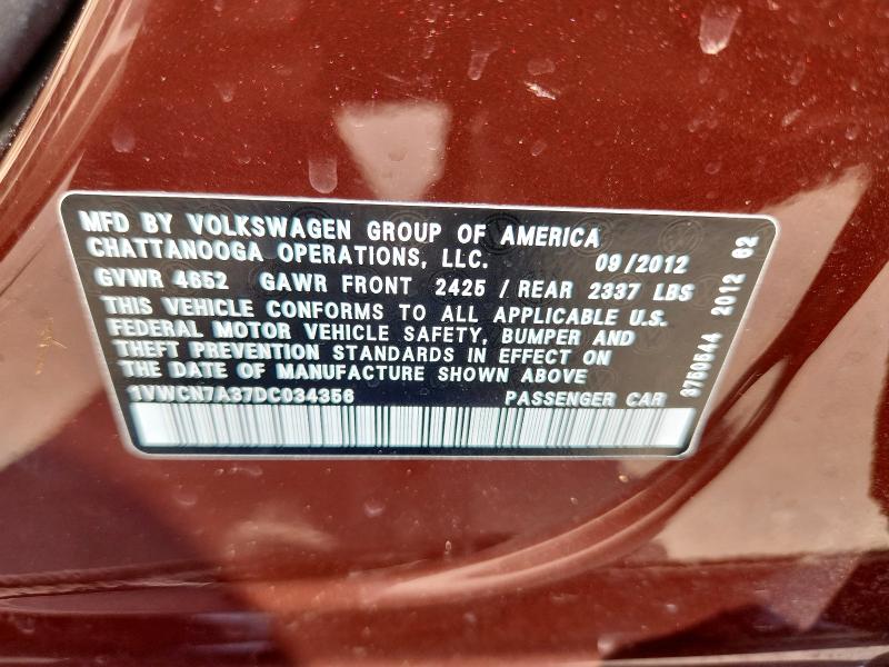1VWCN7A37DC034356 - 2013 VOLKSWAGEN PASSAT SEL Բորդո լուսանկար 12