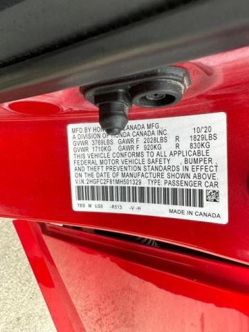 2HGFC2F81MH501329 - 2021 HONDA CIVIC SPORT 红色 照片 10