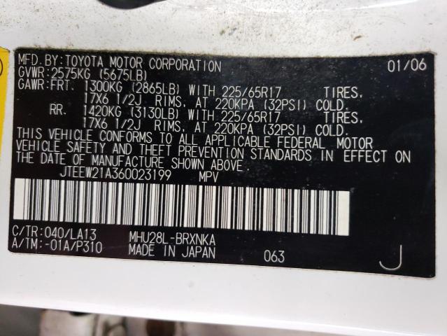 JTEEW21A360023199 - 2006 TOYOTA HIGHLANDER HYBRID WHITE photo 13