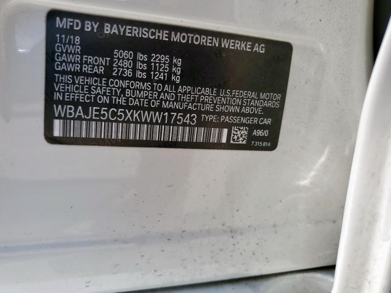 WBAJE5C5XKWW17543 - 2019 BMW 540 I WHITE photo 12