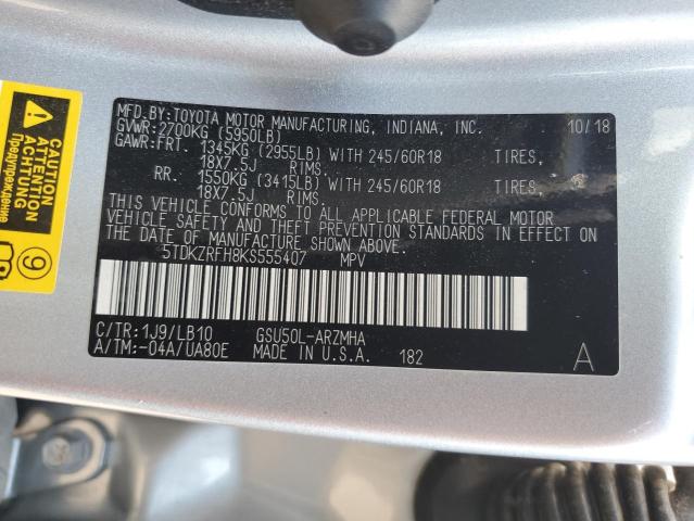 5TDKZRFH8KS555407 - 2019 TOYOTA HIGHLANDER SE SILVER photo 13