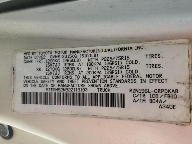 5TESM92N92Z119193 - 2002 TOYOTA TACOMA XTRACAB PRERUNNER 银色 照片 12