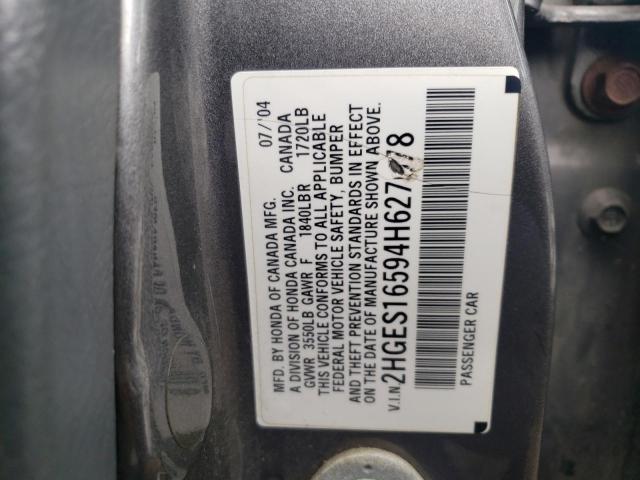 2HGES16594H627078 - 2004 HONDA CIVIC LX GRAY photo 10