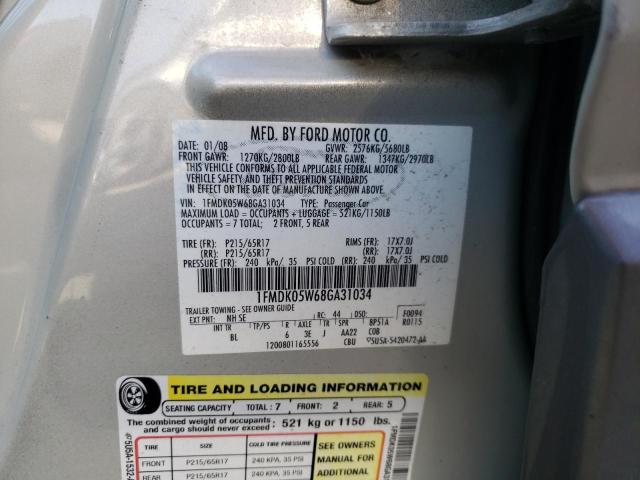 1FMDK05W68GA31034 - 2008 FORD TAURUS X SEL SILVER photo 13