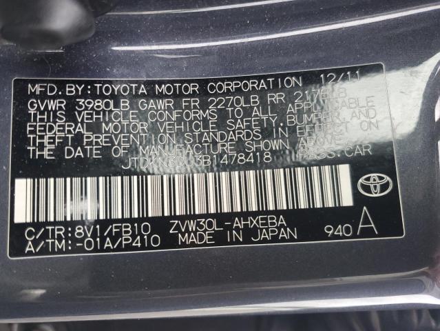 JTDKN3DU3B1478418 - 2011 TOYOTA PRIUS CHARCOAL photo 12