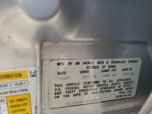 KL1TD56618B005550 - 2008 CHEVROLET AVEO BASE SILVER photo 12